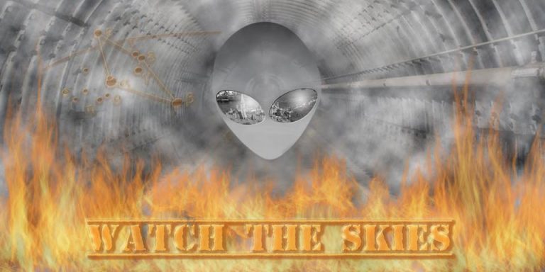 A gray floating alien head with reflective eyes. Behind it is a gray, industrial tunnel. Underneath it there are orange and yellow flames and text that reads 'WATCH THE SKIES'.